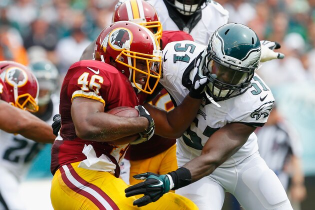 PHILADELPHIA, PA - SEPTEMBER 21:   Alfred Morris #46 of the Washington Redskins runs the ball against Emmanuel Acho #51 of the Philadelphia Eagles in the first half of the game at Lincoln Financial Field on September 21, 2014 in Philadelphia, Pennsylvania.  (Photo by Rich Schultz/Getty Images)