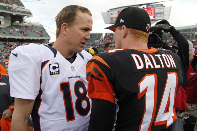 Denver Broncos quarterback Peyton Manning (18) talks with Cincinnati Bengals quarterback Andy Dalton (14) after the Broncos defeated the Bengals 31-23 in an NFL football game, Sunday, Nov. 4, 2012, in Cincinnati. (AP Photo/Tom Uhlman)