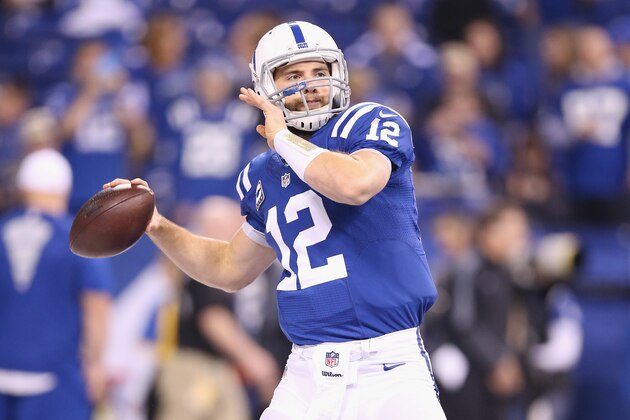 INDIANAPOLIS, IN - DECEMBER 14:  Andrew Luck #12 of the Indianapolis Colts throws a pass before the game against the Houston Texans at Lucas Oil Stadium on December 14, 2014 in Indianapolis, Indiana.  (Photo by Andy Lyons/Getty Images)