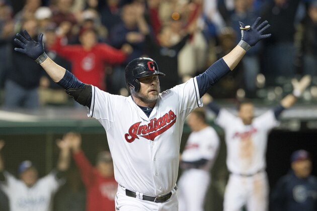 CLEVELAND, OH - SEPTEMBER 24: Jason Giambi #25 of the Cleveland Indians celebrates after hiting a walk-off two-run home run to defeat the Chicago White Sox at Progressive Field on September 24, 2013 in Cleveland, Ohio. The Indians defeated the White Sox 5-4. (Photo by Jason Miller/Getty Images)