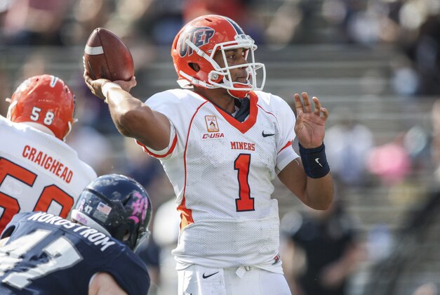 Oct 26, 2013; Houston, TX, USA; UTEP Miners quarterback Jameill Showers (1) attempts a pass during the first quarter against the Rice Owls at Rice Stadium. Mandatory Credit: Troy Taormina-USA TODAY Sports