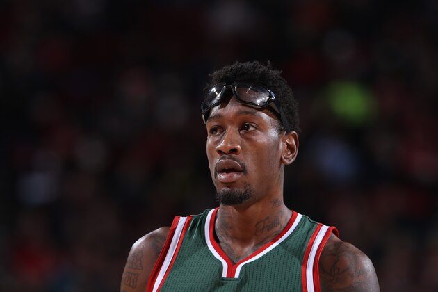 PORTLAND, OR - DECEMBER 17:  Larry Sanders #8 of the Milwaukee Bucks stands on the court against the Portland Trail Blazers on December 17, 2014 at the Moda Center Arena in Portland, Oregon. NOTE TO USER: User expressly acknowledges and agrees that, by downloading and or using this photograph, user is consenting to the terms and conditions of the Getty Images License Agreement. Mandatory Copyright Notice: Copyright 2014 NBAE (Photo by Sam Forencich/NBAE via Getty Images)