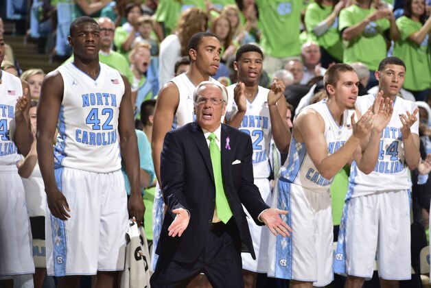 Dec 3, 2014; Chapel Hill, NC, USA; North Carolina Tar Heels head coach Roy Williams reacts in the first half at Dean E. Smith Center. Mandatory Credit: Bob Donnan-USA TODAY Sports
