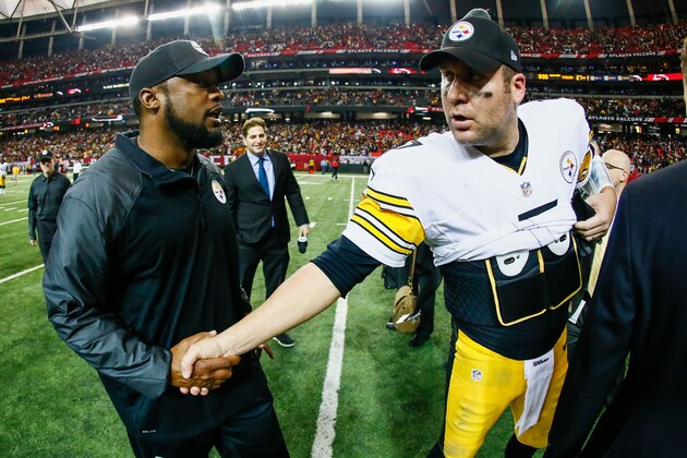 ATLANTA, GA - DECEMBER 14: Ben Roethlisberger #7 shakes hands with head coach Mike Tomlin of the Pittsburgh Steelers after the game against the Atlanta Falcons at the Georgia Dome on December 14, 2014 in Atlanta, Georgia.  (Photo by Kevin C. Cox/Getty Images)