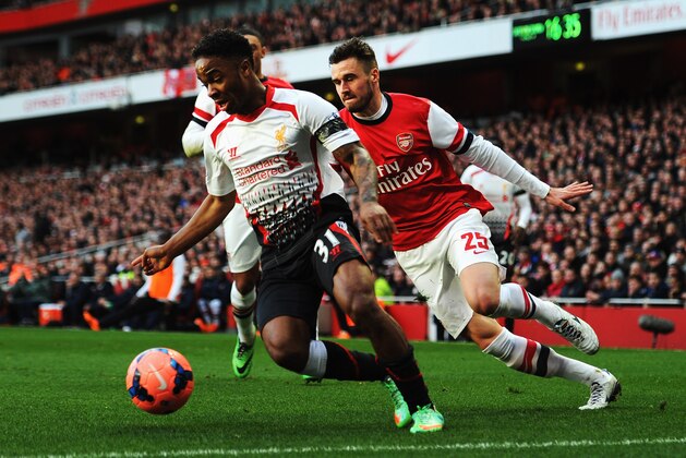 LONDON, ENGLAND - FEBRUARY 16:  Raheem Sterling (L) of Liverpool holds off Carl Jenkinson (R) of Arsenal during the FA Cup Fifth Round match between Arsenal and Liverpool at the Emirates Stadium on February 16, 2014 in London, England.  (Photo by Shaun Botterill/Getty Images)