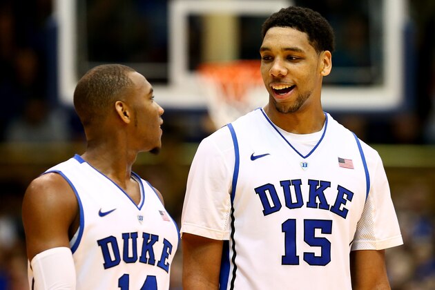 DURHAM, NC - DECEMBER 15:  Rasheed Sulaimon #14 and teammate Jahlil Okafor #15 of the Duke Blue Devils react during their game against the Elon Phoenix at Cameron Indoor Stadium on December 15, 2014 in Durham, North Carolina.  (Photo by Streeter Lecka/Getty Images)