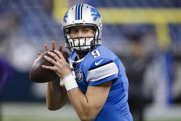 Detroit Lions quarterback Matthew Stafford (9) during warm ups before an NFL football game against the Minnesota Vikings at Ford Field in Detroit, Sunday, Dec. 14, 2014. (AP Photo/Rick Osentoski)