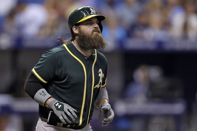 Oakland Athletics' Derek Norris draws a walk after facing 14 pitches from Tampa Bay Rays starting pitcher Jake Odorizzi during the fourth inning of a baseball game Tuesday, May 20, 2014, in St. Petersburg, Fla. (AP Photo/Chris O'Meara)