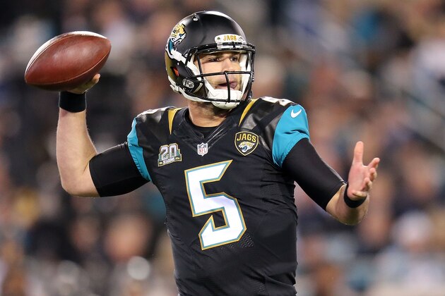 JACKSONVILLE, FL - DECEMBER 18: Blake Bortles #5 of the Jacksonville Jaguars sets to throw during the first half of the game against the Tennessee Titans at EverBank Field on December 18, 2014 in Jacksonville, Florida.  (Photo by Rob Foldy/Getty Images)
