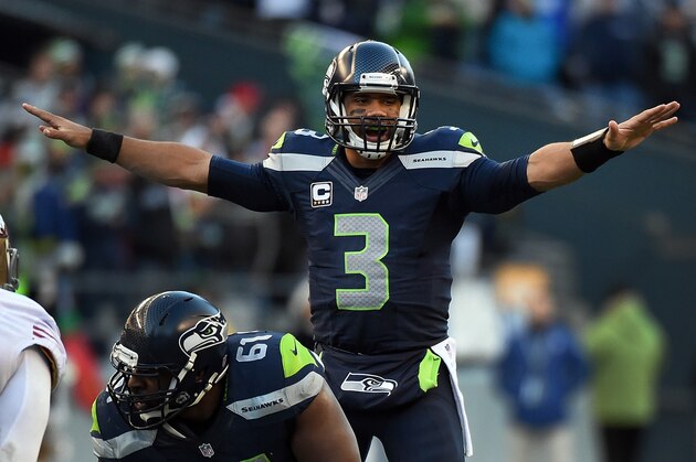 SEATTLE, WA - DECEMBER 14: Quarterback Russell Wilson #3 of the Seattle Seahawks calls out a play during the third quarter of the game against the San Francisco 49ers at CenturyLink Field on December 14, 2014 in Seattle, Washington. (Photo by Steve Dykes/Getty Images)