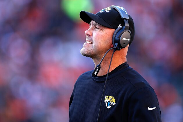 CINCINNATI, OH - NOVEMBER 2:  Head Coach Gus Bradley of the Jacksonville Jaguars watches as his players take on the Cincinnati Bengals during the third quarter at Paul Brown Stadium on November 2, 2014 in Cincinnati, Ohio. (Photo by Joe Robbins/Getty Images)