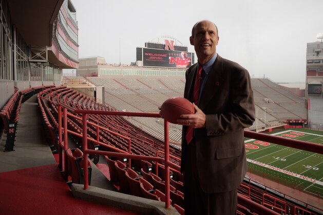 LINCOLN, NE - DECEMBER 5:  Mike Riley, newly hired head football coach at the University of Nebraska, talks with members of the media during a press conference inside Memorial Stadium December 5, 2014 in Lincoln, Nebraska.   (Photo by Eric Francis/Getty Images)