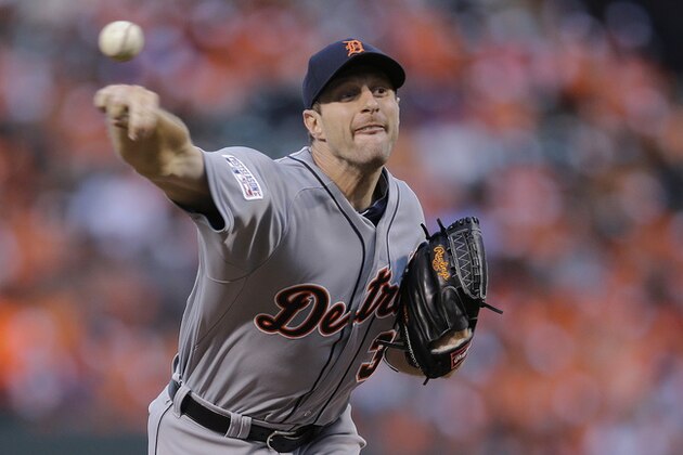 Detroit Tigers starting pitcher Max Scherzer throws in the second inning against the Baltimore Orioles during Game 1 of baseball's AL Division Series in Baltimore, Thursday, Oct. 2, 2014. (AP Photo/Patrick Semansky)