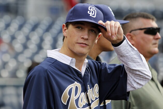 San Diego Padres first round draft pick Max Fried on the field prior to the team playing against the St. Louis Cardinals in their baseball game in San Diego, Calif., Saturday, Sept. 10, 2012.  (AP Photo/Alex Gallardo)