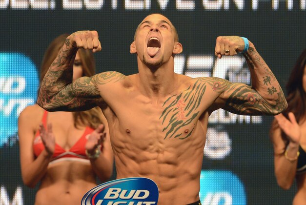 Dec 27, 2013; Las Vegas, NV, USA;   Dustin Poirier weighs-in for his UFC Featherweight Bout on December 28 at the MGM Grand Garden Arena. Mandatory Credit: Jayne Kamin-Oncea-USA TODAY Sports