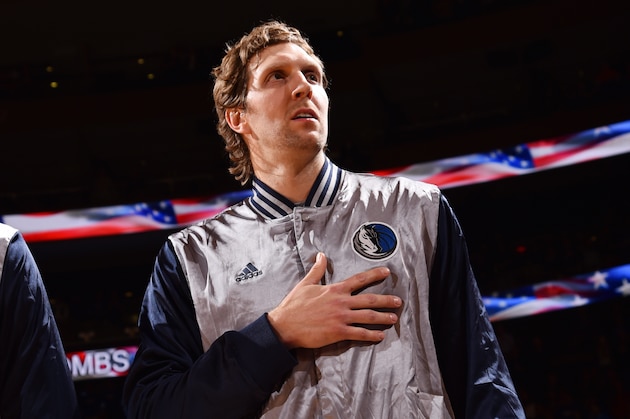 NEW YORK, NY - DECEMBER 16: Dirk Nowitzki #41 of the Dallas Mavericks listens to the national anthem prior to the game against the New York Knicks on December 16, 2014 at Madison Square Garden in New York, NY. NOTE TO USER: User expressly acknowledges and agrees that, by downloading and or using this photograph, User is consenting to the terms and conditions of the Getty Images License Agreement. Mandatory Copyright Notice: Copyright 2014 NBAE (Photo by Jesse D. Garrabrant/NBAE via Getty Images) NEW YORK, NY - DECEMBER 16: Dirk Nowitzki #41 of the Dallas Mavericks listens to the national anthem prior to the game against the New York Knicks on December 16, 2014 at Madison Square Garden in New York, NY. NOTE TO USER: User expressly acknowledges and agrees that, by downloading and or using this photograph, User is consenting to the terms and conditions of the Getty Images License Agreement. Mandatory Copyright Notice: Copyright 2014 NBAE (Photo by Jesse D. Garrabrant/NBAE via Getty Images)