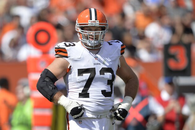 Cleveland Browns tackle Joe Thomas reacts during an NFL football game against the New Orleans Saints Sunday, Sept. 14, 2014, in Cleveland. Cleveland won 26-24. (AP Photo/David Richard)