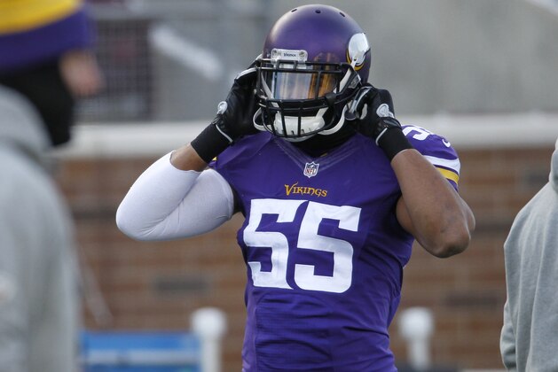 Minnesota Vikings outside linebacker Anthony Barr walks on the field before an NFL football game against the Carolina Panthers, Sunday, Nov. 30, 2014, in Minneapolis. (AP Photo/Ann Heisenfelt)