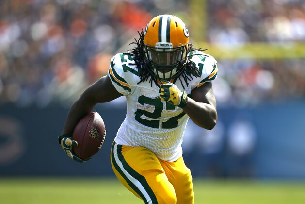 Green Bay Packers running back Eddie Lacy (27) runs the ball during an NFL game against the Chicago Bears at Soldier Field in Chicago on Sunday, Sept. 28, 2014. (Jeff Haynes/AP Images for Panini) Green Bay Packers running back Eddie Lacy (27) runs the ball during an NFL game against the Chicago Bears at Soldier Field in Chicago on Sunday, Sept. 28, 2014. (Jeff Haynes/AP Images for Panini)