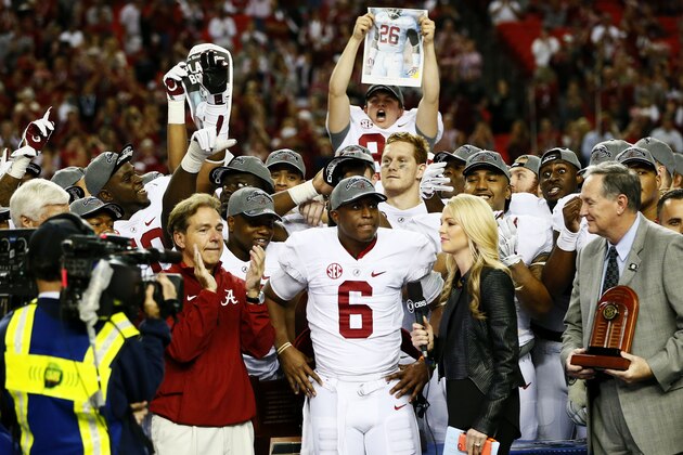 ATLANTA, GA - DECEMBER 06:  Head coach Nick Saban, Blake Sims #6 and the Alabama Crimson Tide celebrate their 42 to 13 win over the Missouri Tigers in the SEC Championship game at the Georgia Dome on December 6, 2014 in Atlanta, Georgia.  (Photo by Kevin C. Cox/Getty Images)