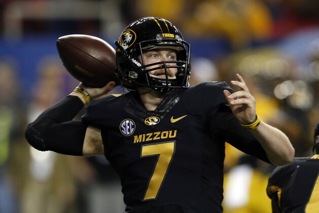 Missouri quarterback Maty Mauk (7) throws a pass during the first half of an NCAA college football game against Alabama Saturday, Dec. 6, 2014, in Atlanta, Ga.(AP Photo/Butch Dill)