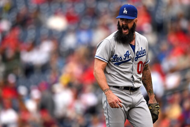 WASHINGTON, DC - MAY 07: Pitcher Brian Wilson reacts after pitching in the eighth inning against the Washington Nationals at Nationals Park on May 7, 2014 in Washington, DC. (Photo by Patrick Smith/Getty Images)
