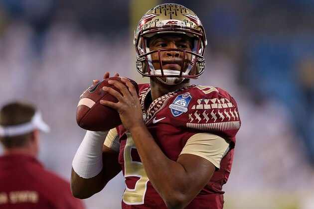 CHARLOTTE, NC - DECEMBER 06: Jameis Winston #5 of the Florida State Seminoles warms up before the game against the Georgia Tech Yellow Jackets at the ACC Championship game on December 6, 2014 in Charlotte, North Carolina. (Photo by Mike Ehrmann/Getty Images)