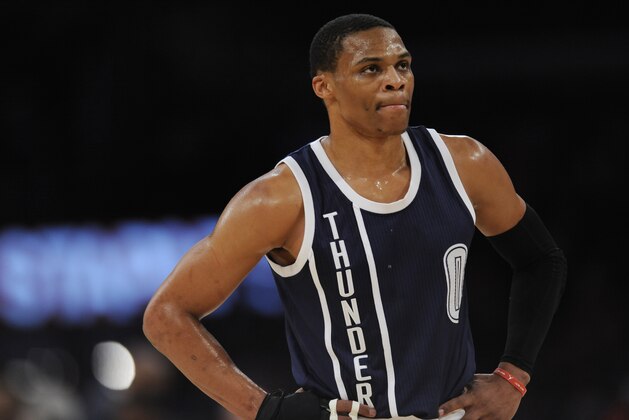 LOS ANGELES, CA - DECEMBER 19: Russell Westbrook #0 of the Oklahoma City Thunder stands on the court during a game against the Los Angeles Lakers at STAPLES Center on December 19, 2014 in Los Angeles, California. NOTE TO USER: User expressly acknowledges and agrees that, by downloading and/or using this Photograph, user is consenting to the terms and conditions of the Getty Images License Agreement. Mandatory Copyright Notice: Copyright 2014 NBAE (Photo by Juan Ocampo/NBAE via Getty Images) LOS ANGELES, CA - DECEMBER 19: Russell Westbrook #0 of the Oklahoma City Thunder stands on the court during a game against the Los Angeles Lakers at STAPLES Center on December 19, 2014 in Los Angeles, California. NOTE TO USER: User expressly acknowledges and agrees that, by downloading and/or using this Photograph, user is consenting to the terms and conditions of the Getty Images License Agreement. Mandatory Copyright Notice: Copyright 2014 NBAE (Photo by Juan Ocampo/NBAE via Getty Images)