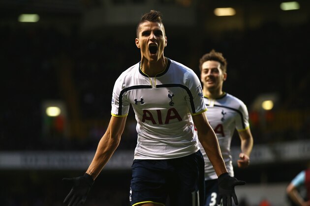 LONDON, ENGLAND - DECEMBER 20:  Erik Lamela of Tottenham Hotspur celebrates scoring his goal during the Barclays Premier League match between Tottenham Hotspur and Burnley at White Hart Lane on December 20, 2014 in London, England.  (Photo by Clive Rose/Getty Images)