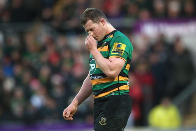 NORTHAMPTON, ENGLAND - DECEMBER 20:  Northampton captain Dylan Hartley walks off the pitch after being sent off by referee JP Doyle during the Aviva Premiership match between Northampton Saints and Leicester Tigers at Franklin's Gardens on December 20, 2014 in Northampton, England.  (Photo by David Rogers/Getty Images)