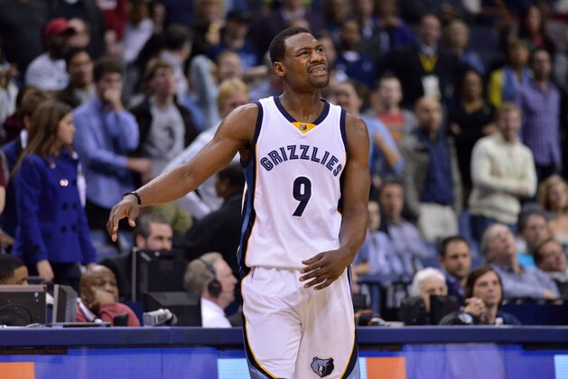 Memphis Grizzlies guard Tony Allen (9) reacts to a referee call in the second half of an NBA basketball game Friday, Dec. 12, 2014, in Memphis, Tenn. The Grizzlies beat the Hornets 113-107. (AP Photo/Brandon Dill)
