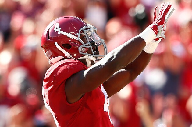 TUSCALOOSA, AL - OCTOBER 18: T.J. Yeldon #4 of the Alabama Crimson Tide celebrates scoring a touchdown against the Texas A&M Aggies at Bryant-Denny Stadium on October 18, 2014 in Tuscaloosa, Alabama. (Photo by Kevin C. Cox/Getty Images) TUSCALOOSA, AL - OCTOBER 18: T.J. Yeldon #4 of the Alabama Crimson Tide celebrates scoring a touchdown against the Texas A&M Aggies at Bryant-Denny Stadium on October 18, 2014 in Tuscaloosa, Alabama. (Photo by Kevin C. Cox/Getty Images)