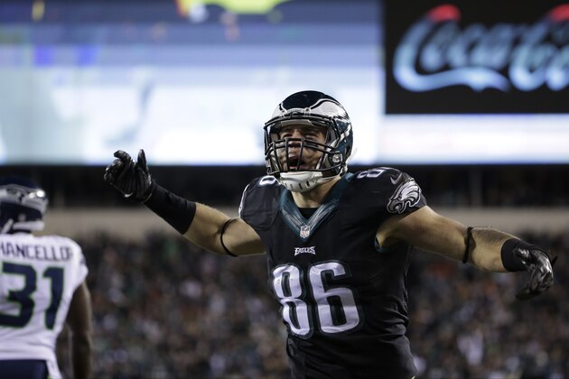 Philadelphia Eagles' Zach Ertz celebrates after scoring a touchdown during the second half of an NFL football game against the Seattle Seahawks, Sunday, Dec. 7, 2014, in Philadelphia. (AP Photo/Matt Rourke)