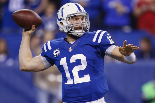 INDIANAPOLIS, IN - DECEMBER  14: Andrew Luck #12 of the Indianapolis Colts drops back to pass during the game against the Houston Texans at Lucas Oil Stadium on December 14, 2014 in Indianapolis, Indiana. (Photo by Michael Hickey/Getty Images)