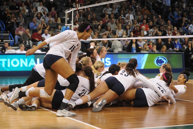 Dec 20, 2014; Oklahoma City, OK, USA;  The Penn State Nittany Lions celebrate defeating the BYU Cougars at Chesapeake Energy Arena].The Nittany Lions beat the Cougars 3-0.  Mandatory Credit: Mark D. Smith-USA TODAY Sports