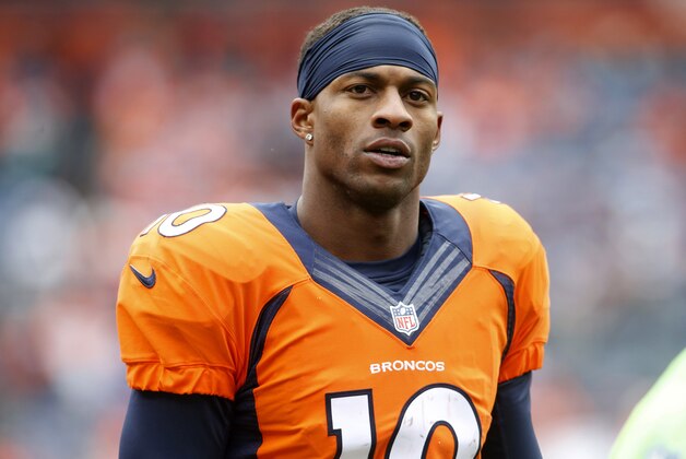 Nov 23, 2014; Denver, CO, USA; Denver Broncos wide receiver Emmanuel Sanders (10) before the game against the Miami Dolphins at Sports Authority Field at Mile High. Mandatory Credit: Chris Humphreys-USA TODAY Sports