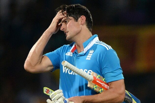 COLOMBO, SRI LANKA - DECEMBER 16:  England captain Alastair Cook leaves the field after being dismissed by Suranga Lakmal of Sri Lanka during the 7th One Day International match between Sri Lanka and England at R. Premadasa Stadium on December 16, 2014 in Colombo, Sri Lanka.  (Photo by Gareth Copley/Getty Images,)