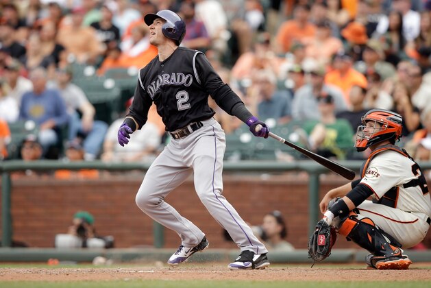 SAN FRANCISCO, CA - JUNE 14:  Troy Tulowitzki #2 of the Colorado Rockies bats against the San Francisco Giants at AT&T Park on June 14, 2014 in San Francisco, California.  (Photo by Ezra Shaw/Getty Images)