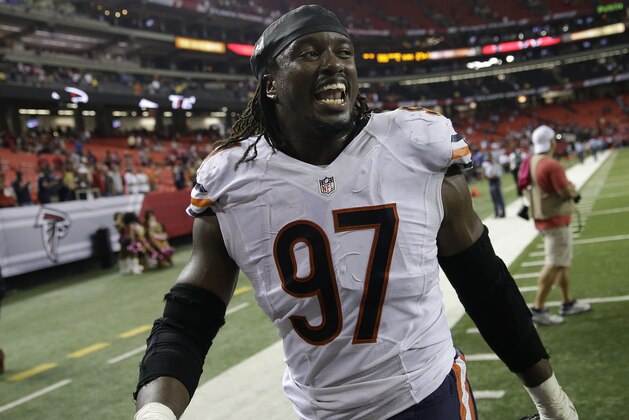Chicago Bears defensive end Willie Young walks off the field after the second half of an NFL football game against the Atlanta Falcons, Sunday, Oct. 12, 2014, in Atlanta. The Chicago Bears won 27-13. (AP Photo/David Goldman)