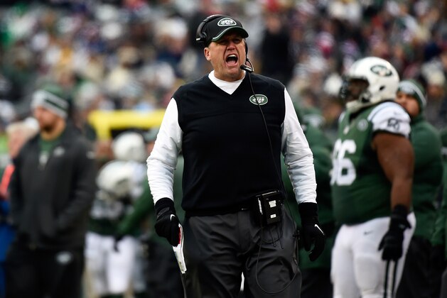 EAST RUTHERFORD, NJ - DECEMBER 21:  Head coach Rex Ryan of the New York Jets reacts on the sideline against the New England Patriots during a game at MetLife Stadium on December 21, 2014 in East Rutherford, New Jersey.  (Photo by Alex Goodlett/Getty Images)