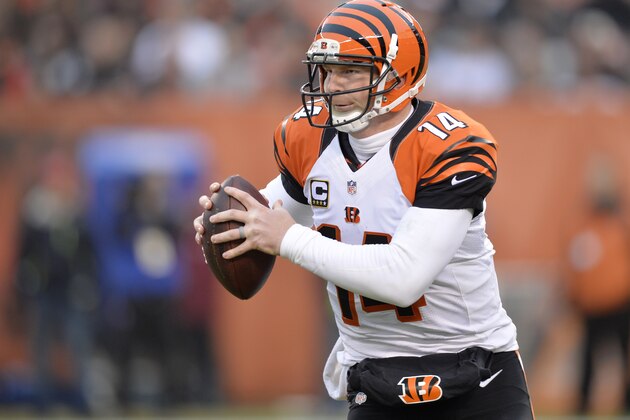 Cincinnati Bengals quarterback Andy Dalton looks for a receiver in the fourth quarter of an NFL football game against the Cleveland Browns Sunday, Dec. 14, 2014, in Cleveland. (AP Photo/David Richard)