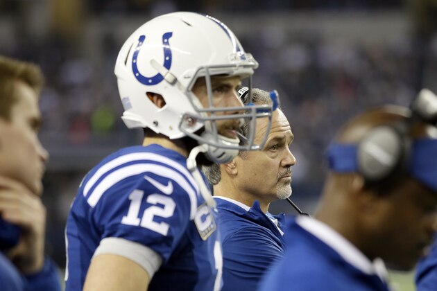 Indianapolis Colts' Andrew Luck (12) and head coach Chuck Pagano, center rear, watch the final seconds of their NFL football game, Sunday, Dec. 21, 2014, in Arlington, Texas. The Cowboys won 42-7. (AP Photo/Tim Sharp)