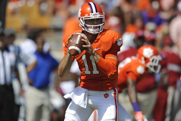 Clemson backup quarterback Chad Kelly, nephew of ex- NFL player Jim Kelly,  delivers a pass during the second half of an NCAA college football game Saturday against South Carolina State , Sept. 7, 2013 at Memorial Stadium in Clemson, S.C.(AP Photo/ Richard Shiro)