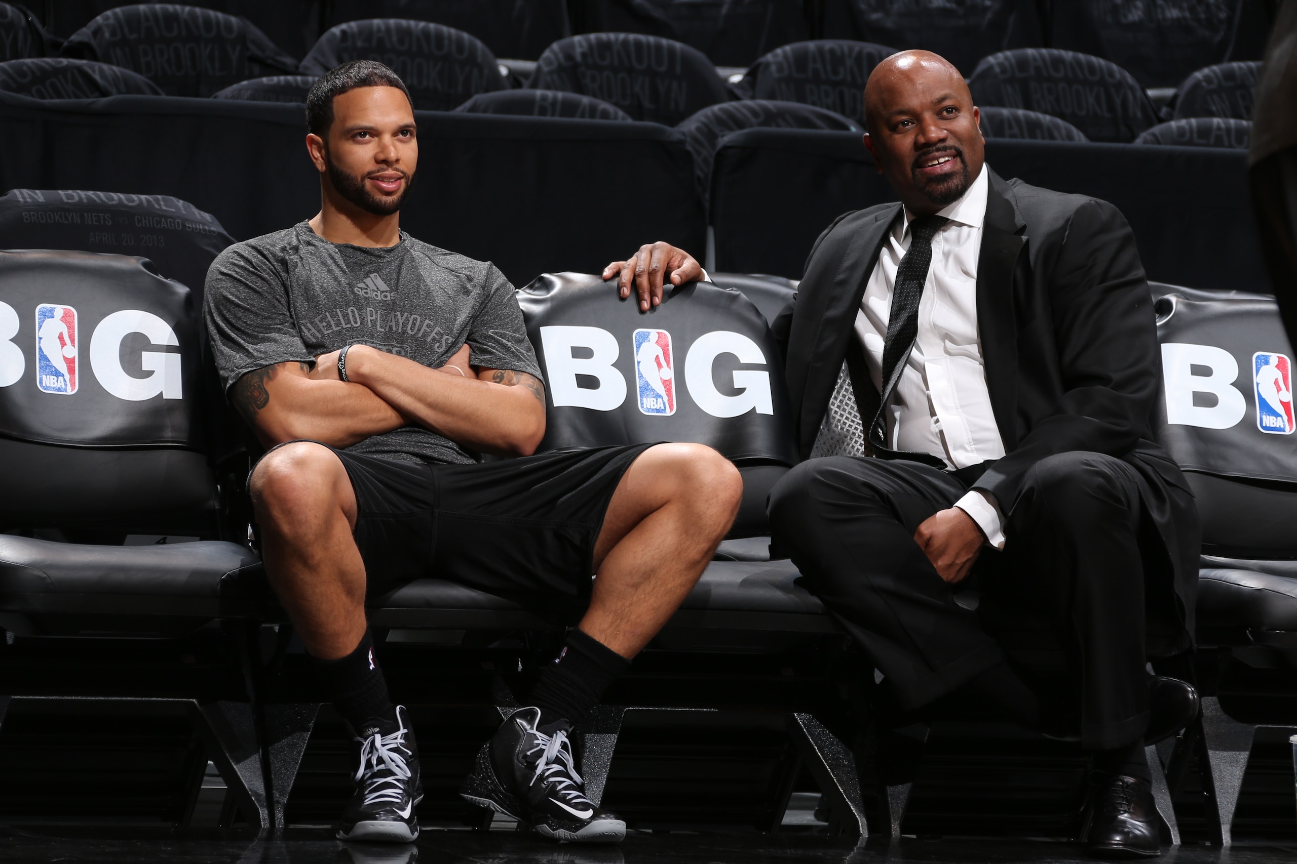 BROOKLYN, NY - APRIL 20:  Deron Williams #8 and general manager Billy King of the Brooklyn Nets before the game against the Chicago Bulls in Game One of the Eastern Conference Quarterfinals during the 2013 NBA Playoffs on April 20 at the Barclays Center in the Brooklyn borough of New York City.  NOTE TO USER: User expressly acknowledges and agrees that, by downloading and or using this photograph, User is consenting to the terms and conditions of the Getty Images License Agreement. Mandatory Copyright Notice: Copyright 2013 NBAE  (Photo by Nathaniel S. Butler/NBAE via Getty Images)