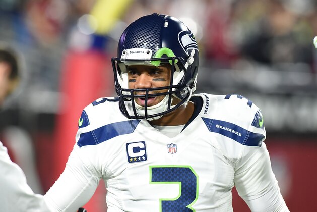 GLENDALE, AZ - DECEMBER 21:  Quarterback Russell Wilson #3 of the Seattle Seahawks during warmups prior to the NFL game against the Arizona Cardianls at University of Phoenix Stadium on December 21, 2014 in Glendale, Arizona.  (Photo by Norm Hall/Getty Images)