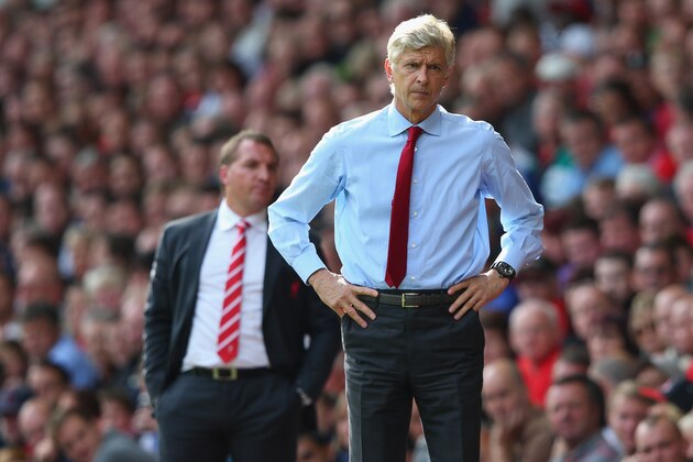 LIVERPOOL, ENGLAND - SEPTEMBER 02:  Arsene Wenger the manager of Arsenal and Brendan Rodgers the manager of Liverpool look on during the Barclays Premier League match between Liverpool and  Arsenal at Anfield on September 2, 2012 in Liverpool, England.  (Photo by Alex Livesey/Getty Images)