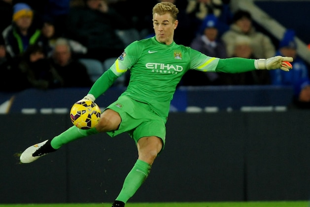 Manchester City's Joe Hart during the English Premier League soccer match between Leicester City and Manchester City at King Power Stadium, in Leicester, England, Saturday, Dec. 13, 2014.  (AP Photo/Rui Vieira)