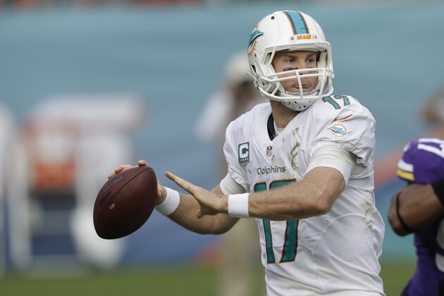 Miami Dolphins quarterback Ryan Tannehill (17) looks to pass during the second half of an NFL football game against the Minnesota Vikings, Sunday, Dec. 21, 2014, in Miami Gardens, Fla. (AP Photo/Wilfredo Lee)