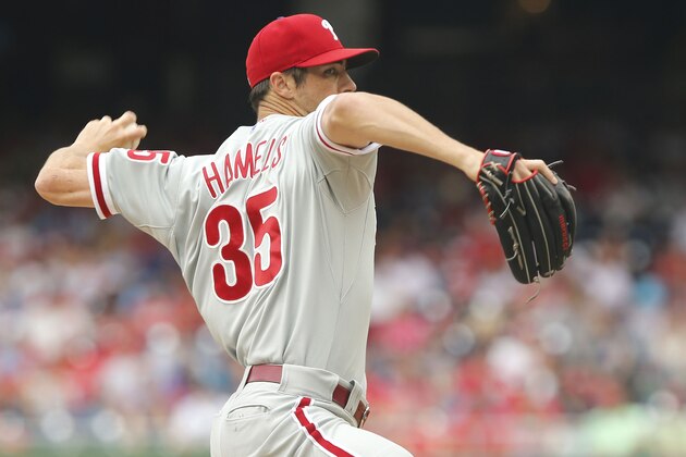 WASHINGTON, DC - AUGUST 03:  Starter Cole Hamels #35 of the Philadelphia PhilliesWashington Nationals pitches against the Washington Nationals in the first inning at Nationals Park on August 3, 2014 in Washington, DC.  (Photo by Jonathan Ernst/Getty Images)