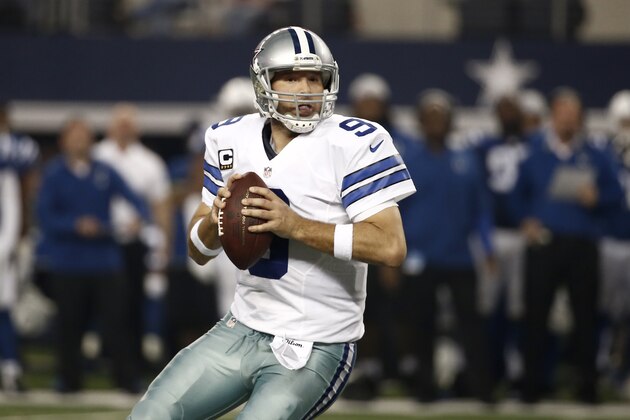 Dallas Cowboys quarterback Tony Romo (9) drops back to pass in an NFL football game against the Indianapolis Colts, Sunday, Dec. 21, 2014, in Arlington, Texas. (AP Photo/Brandon Wade)